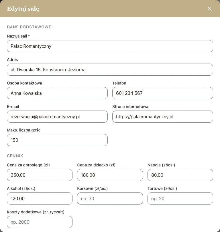 Edycja szczegółów sali weselnej