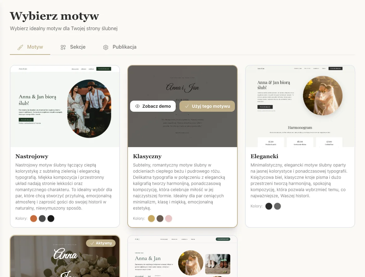 Wybór motywu strony ślubnej